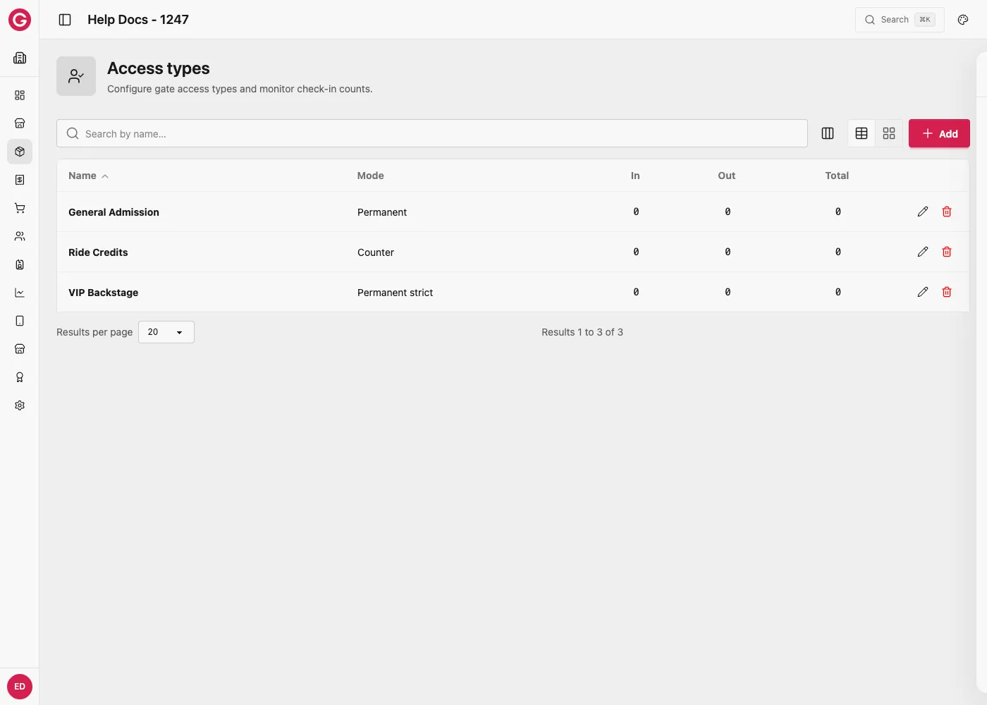 Access types list showing General Admission, Ride Credits, and VIP Backstage
