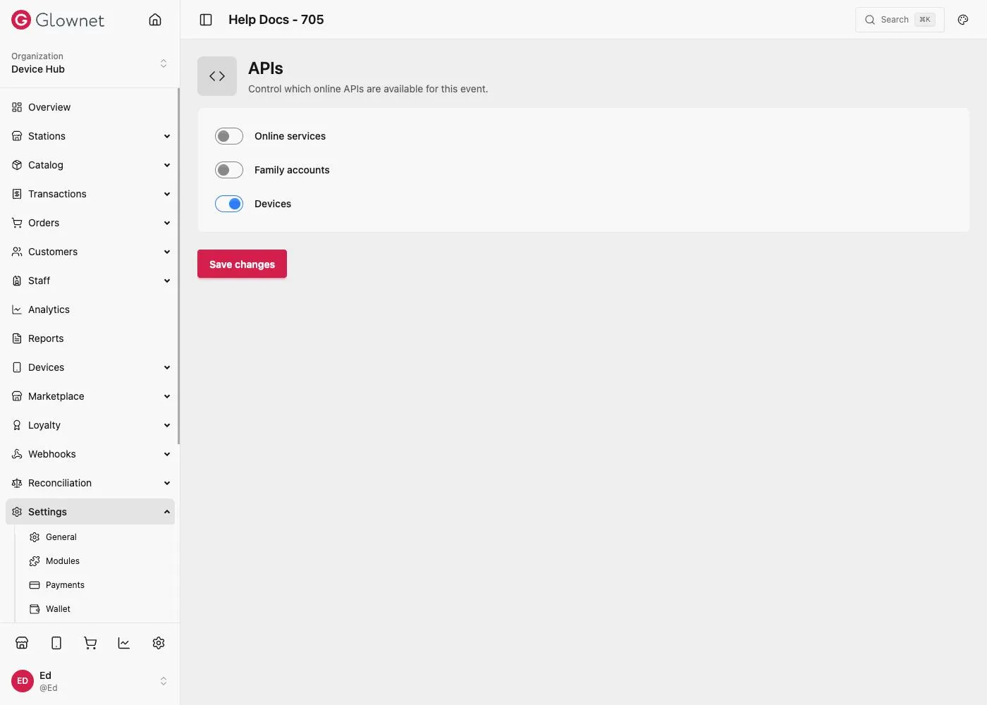 APIs page with Online services, Family accounts, and Devices toggles
