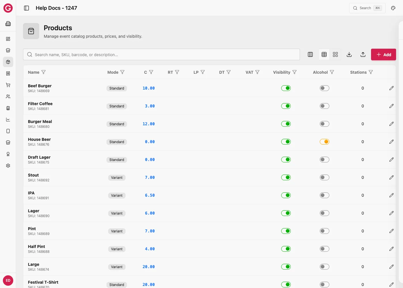 Products list showing standard and variant products with prices per currency