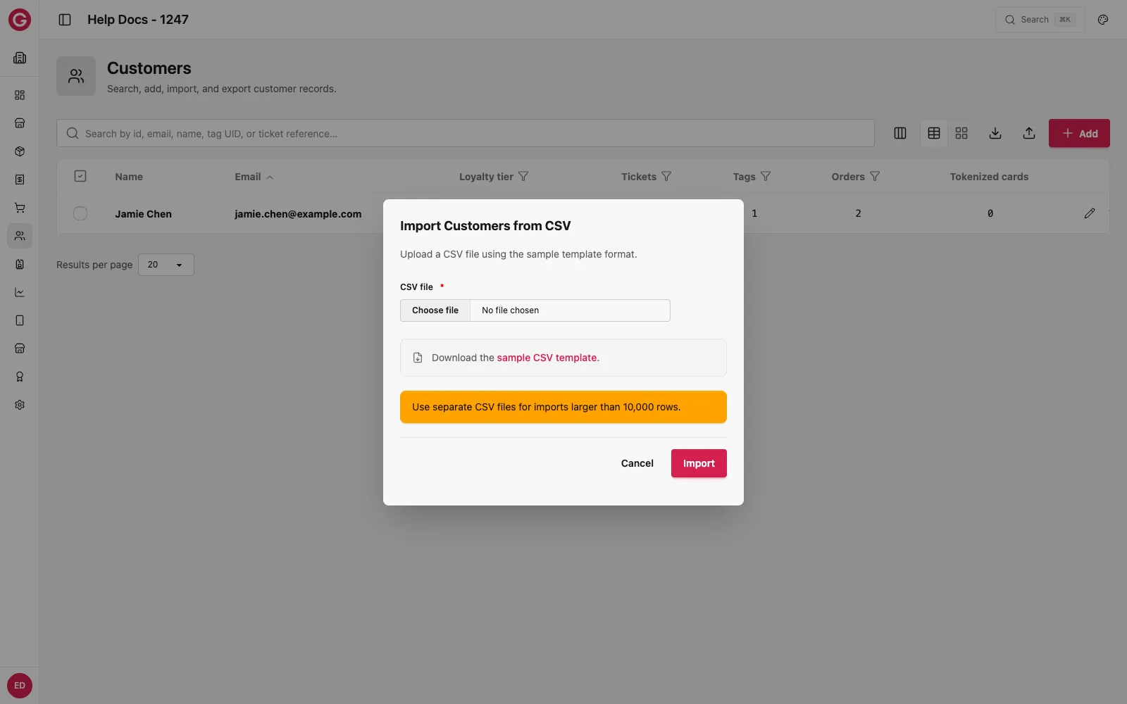 Customers import dialog