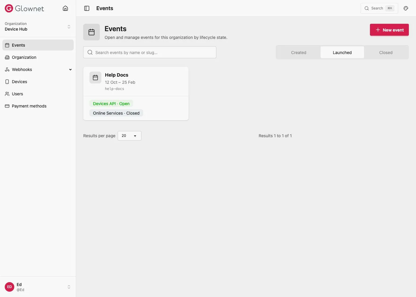 Dashboard home: the organization's events, with the organization menu (Events, Organization, Webhooks, Devices, Users, Payment methods)