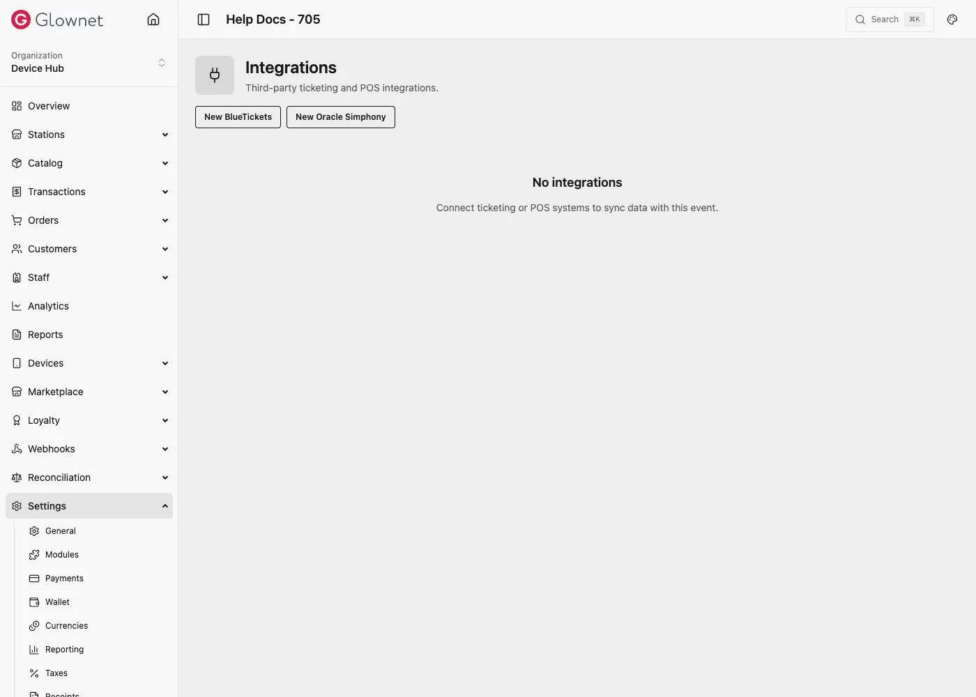 Integrations page with New BlueTickets and New Oracle Simphony buttons