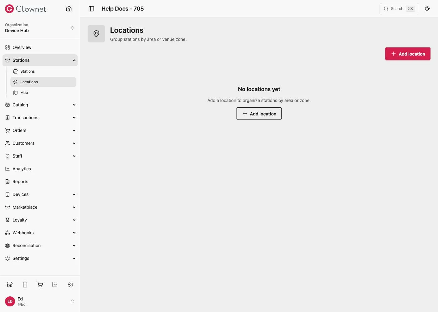Locations page with an Add location button and empty state