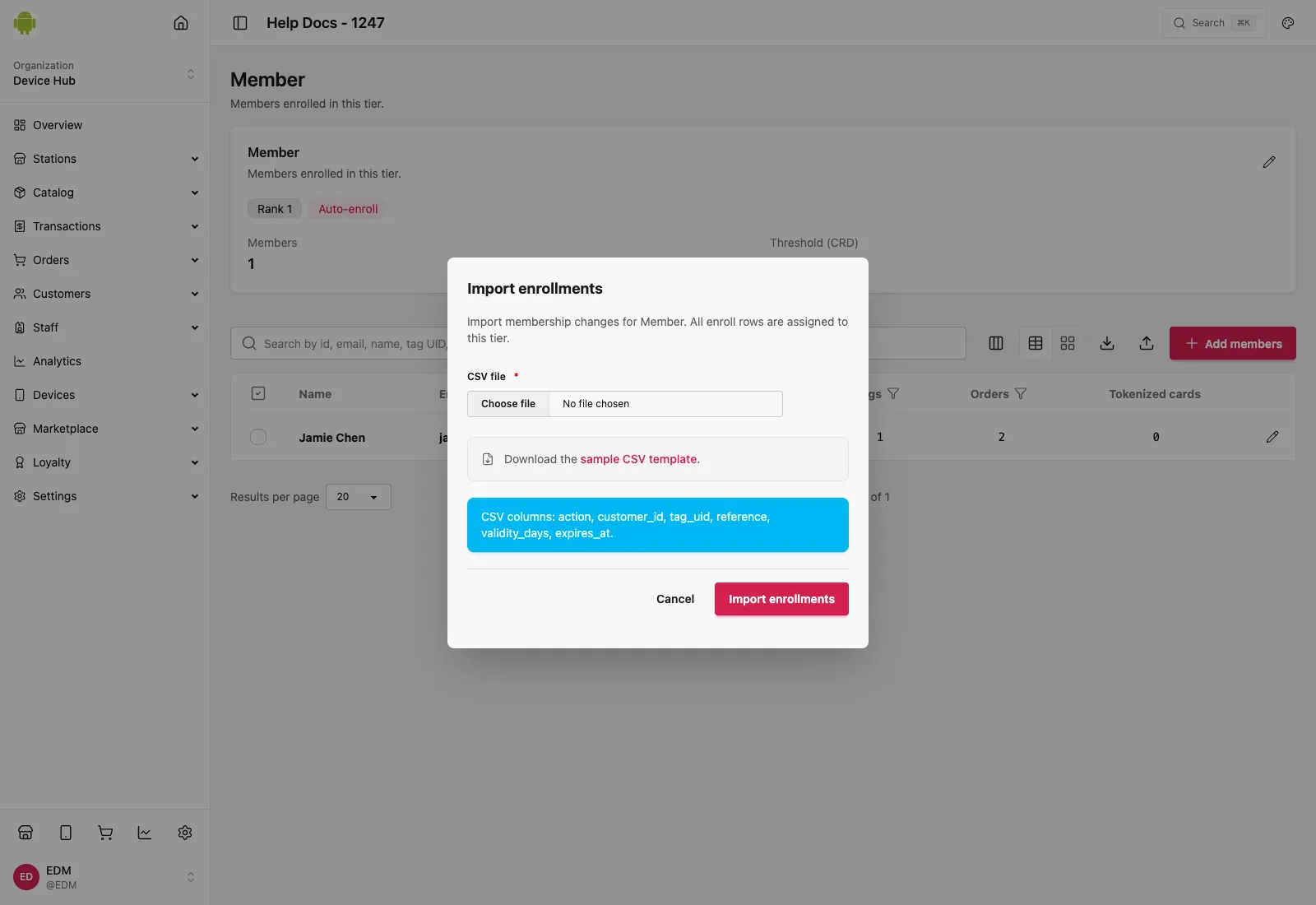 Import enrollments dialog on a tier, with CSV file picker, sample template link, and the action/customer_id/tag_uid/reference/validity_days/expires_at column list