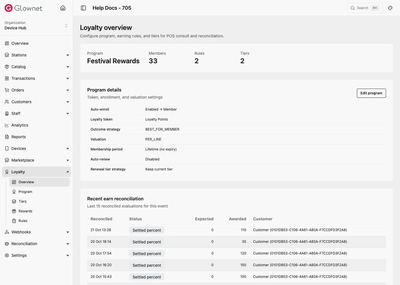 Loyalty overview with Program, Members, Rules, and Tiers counts, and Program details