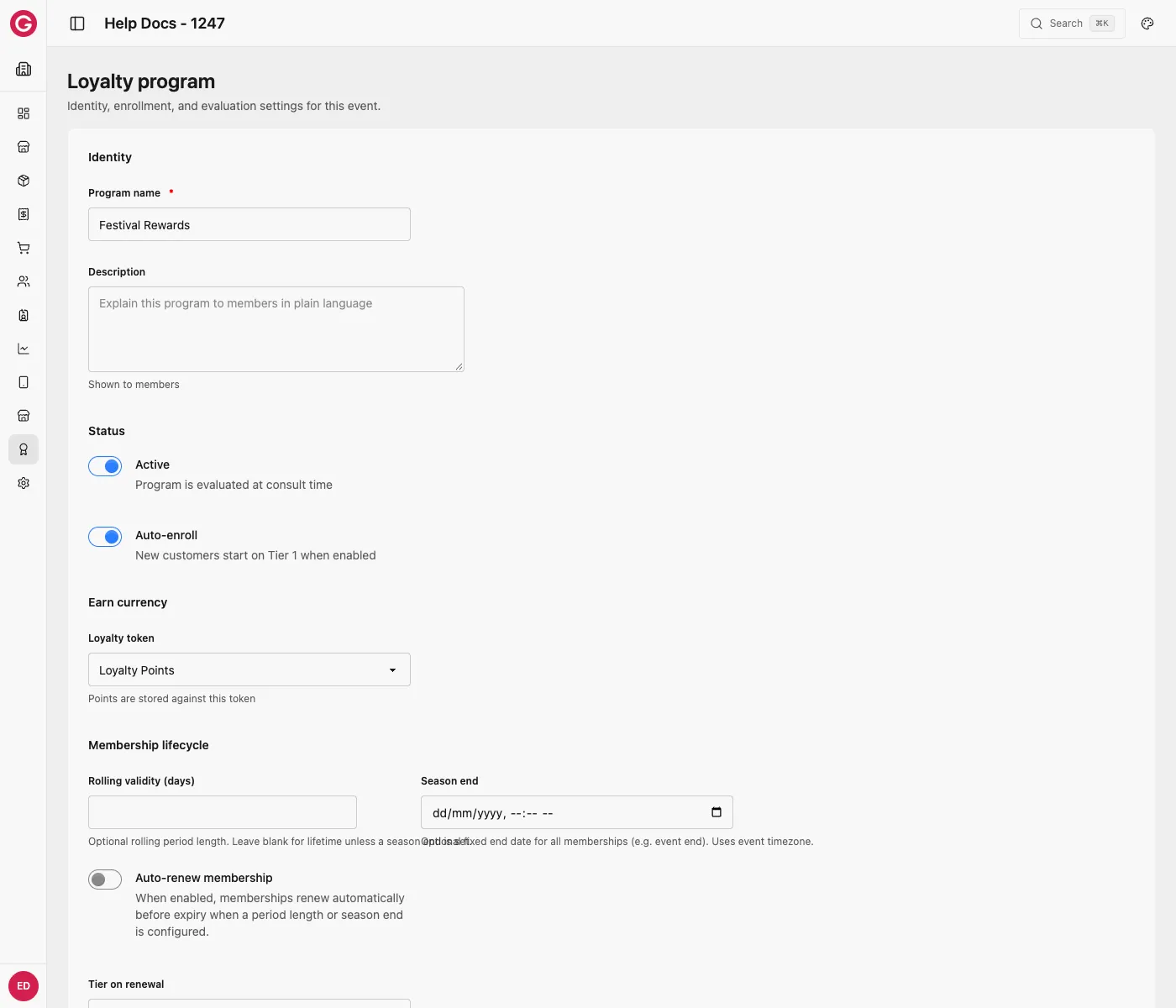 Loyalty program settings with auto-enroll on and Loyalty Points set as the earn currency