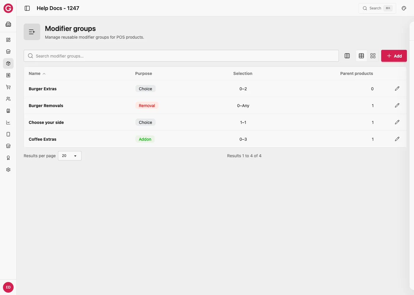Modifier groups list showing choice, addon, and removal purposes