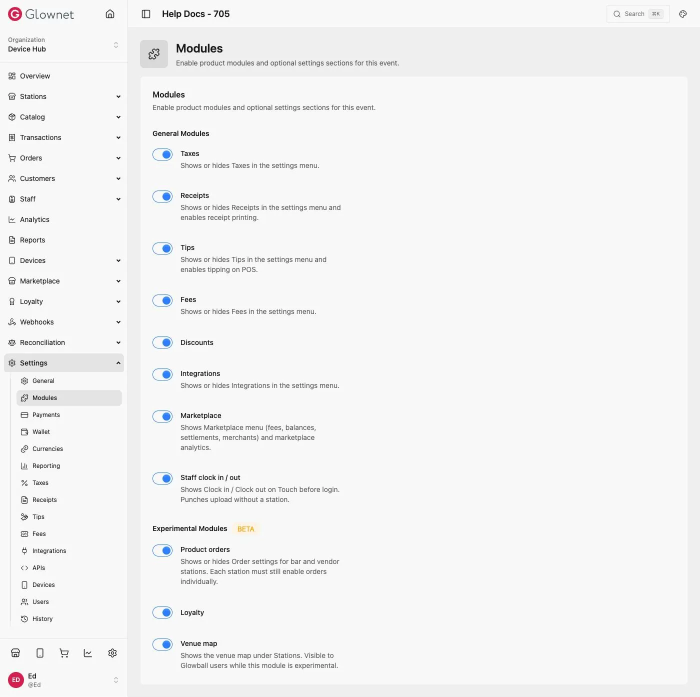 Modules page with General Modules and Experimental Modules (BETA) toggles