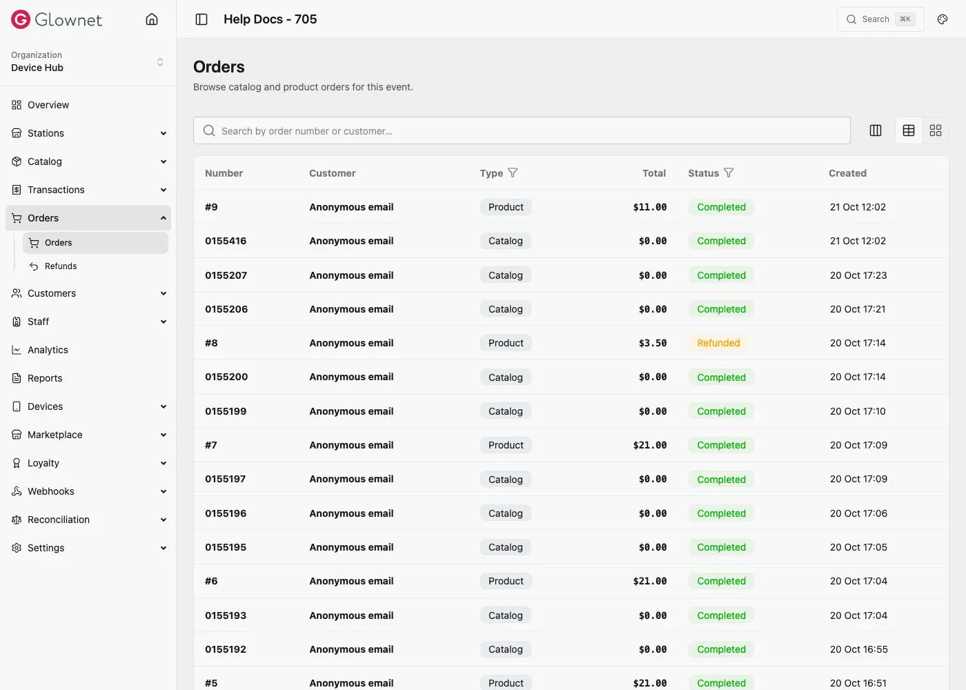Orders list with number, customer, type (Product or Catalog), total, status and created time