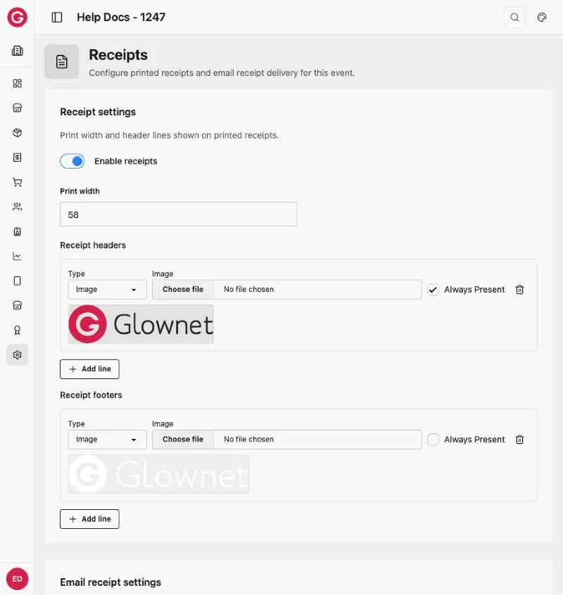 Receipts settings with an image header line (colour Glownet logo, Always Present) and an image footer line (white Glownet logo)