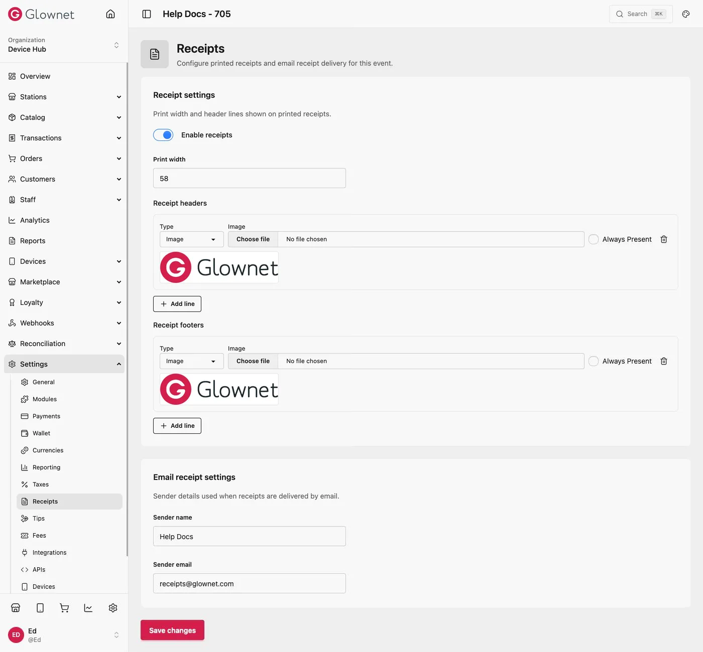 Receipt settings with print width, receipt headers, and email receipt sender details