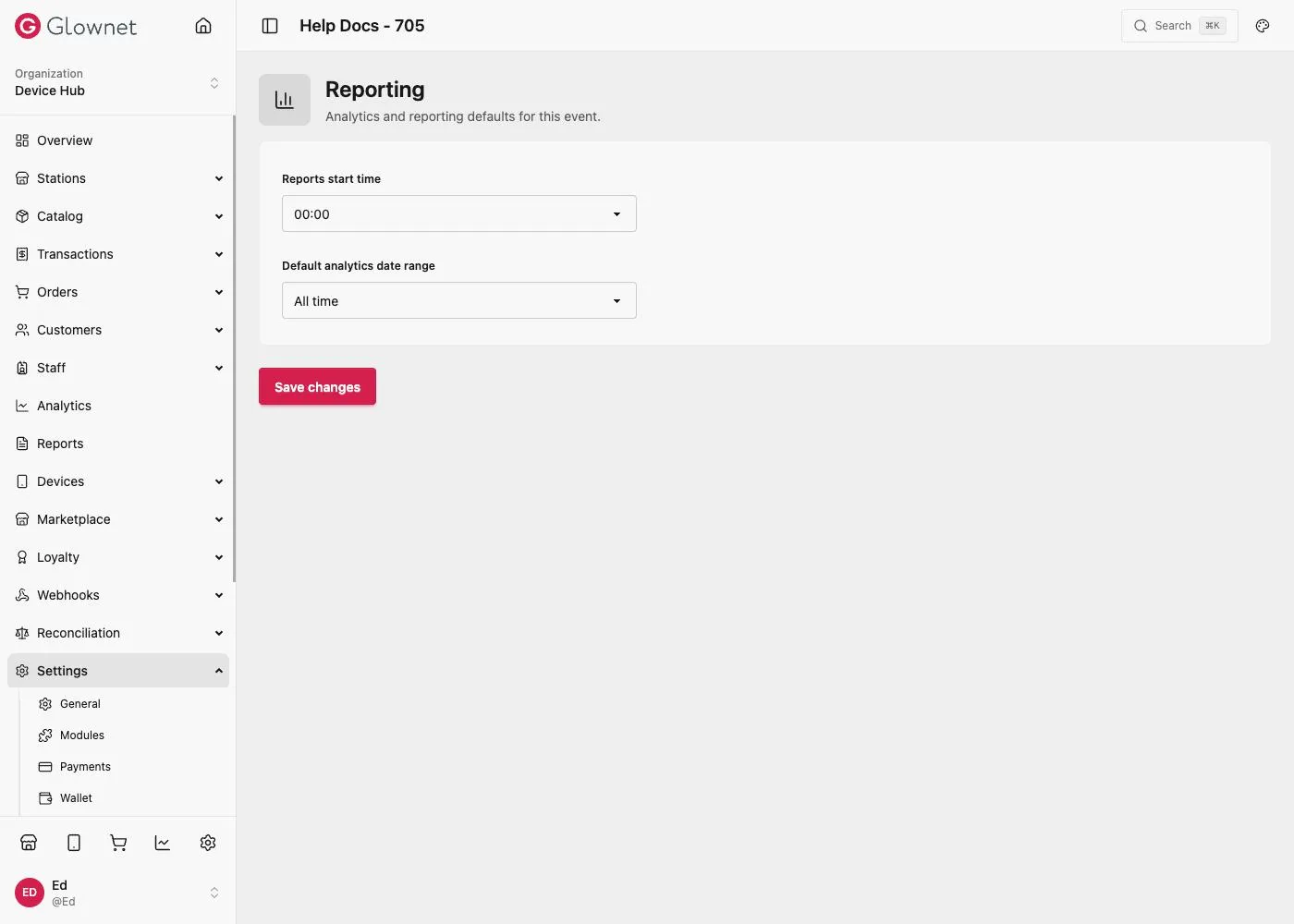Reporting settings with Reports start time and Default analytics date range