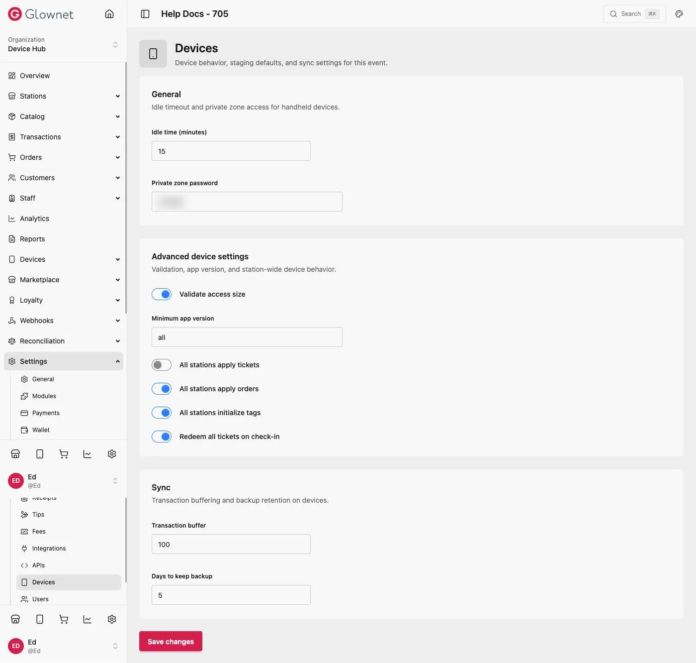 Devices settings with General, Advanced device settings, and Sync cards