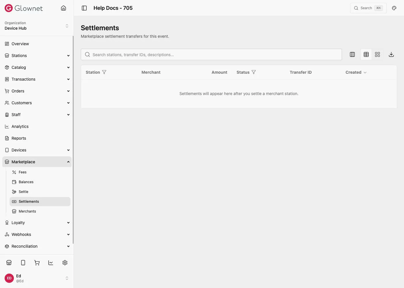 Settlements list with Station, Merchant, Amount, Status, Transfer ID and Created columns, before any settlement