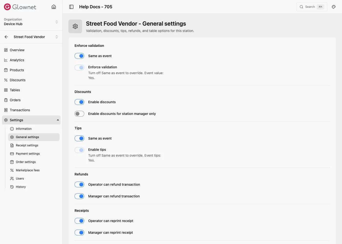Street Food Vendor General settings: validation, discounts, tips, refunds and receipts