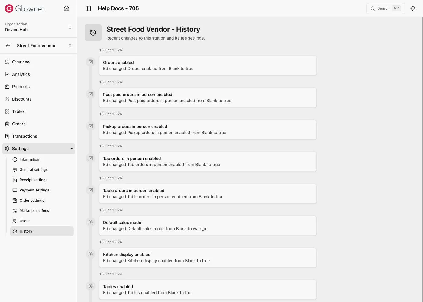Street Food Vendor History: a timeline of setting changes, for example Orders enabled and Tables enabled