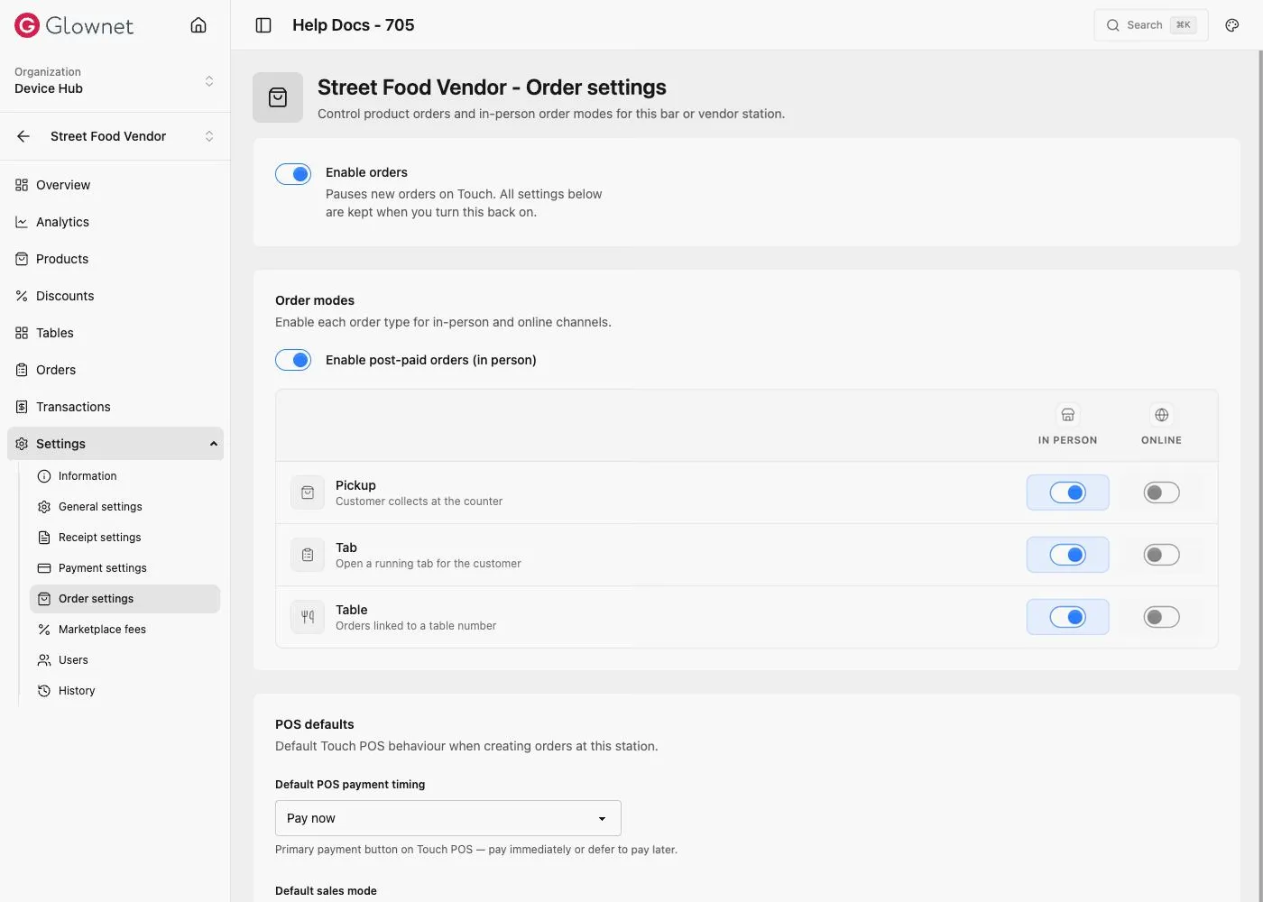 Street Food Vendor Order settings: Enable orders, order modes (Pickup, Tab, Table) in person and online, POS defaults
