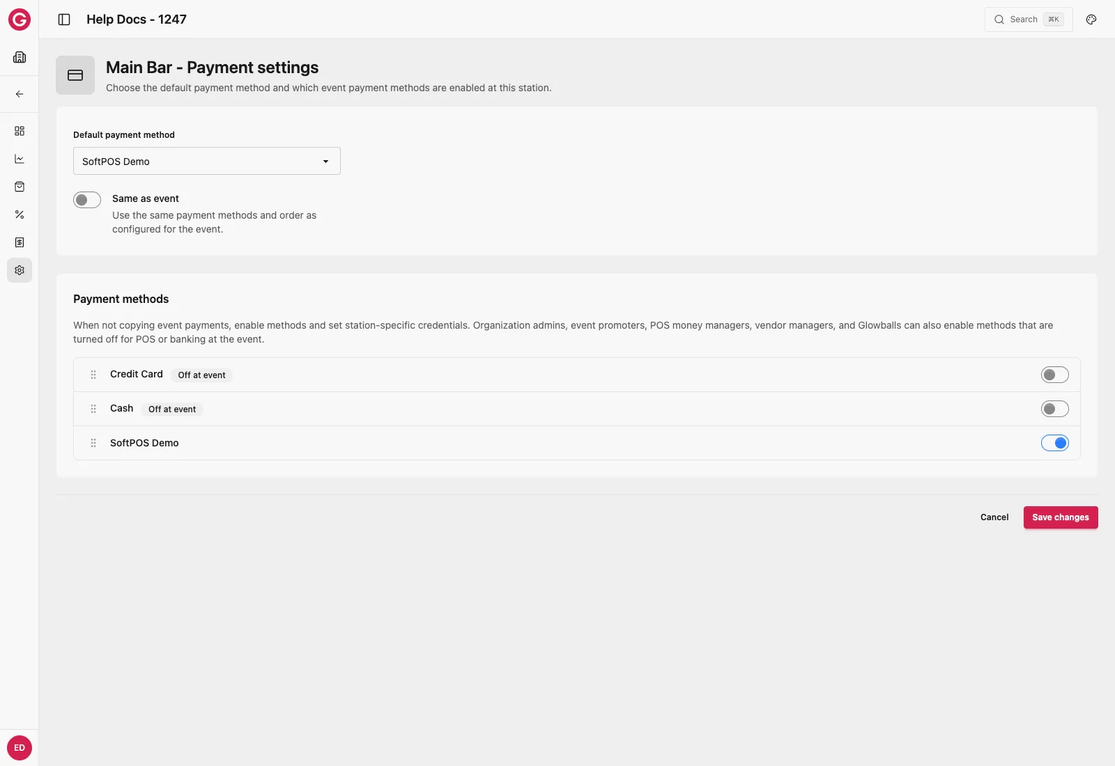 Station payment settings, Same as event off