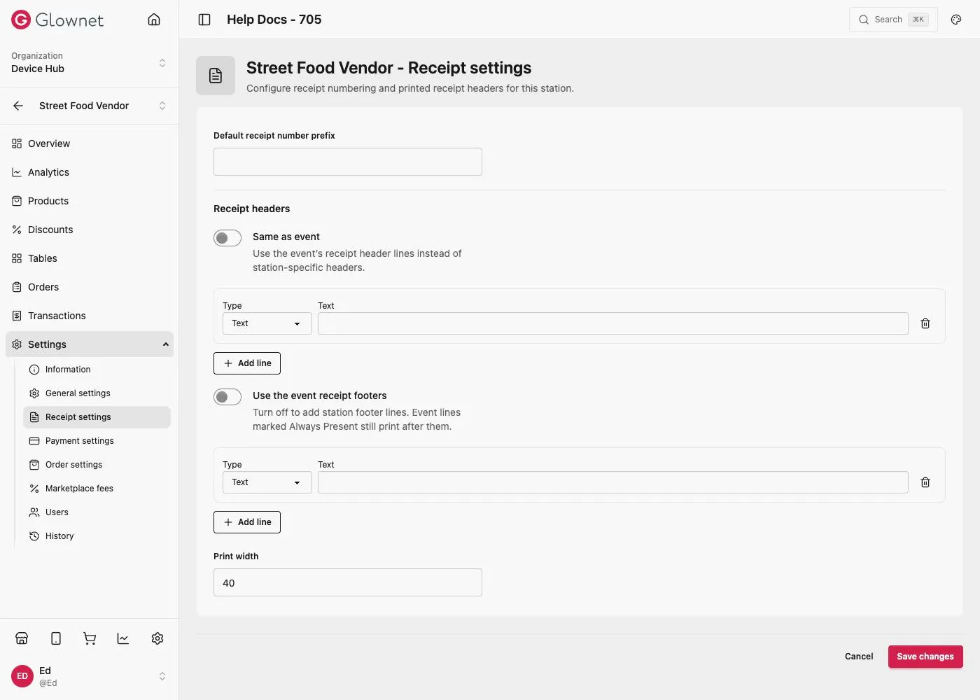 Street Food Vendor Receipt settings: receipt number prefix, header and footer lines, print width