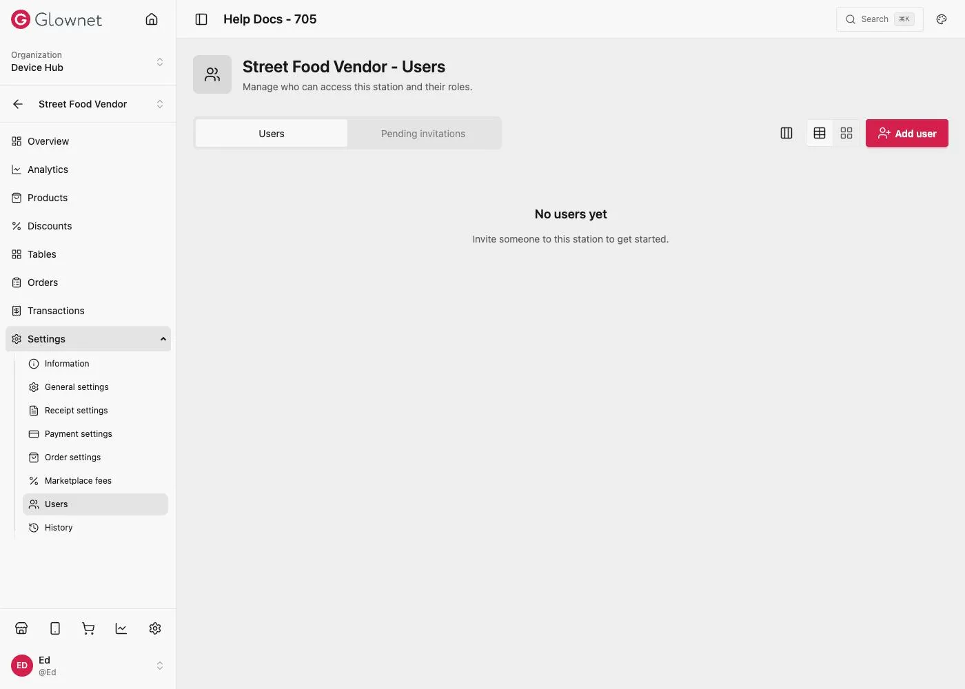 Street Food Vendor Users: Users and Pending invitations tabs, Add user