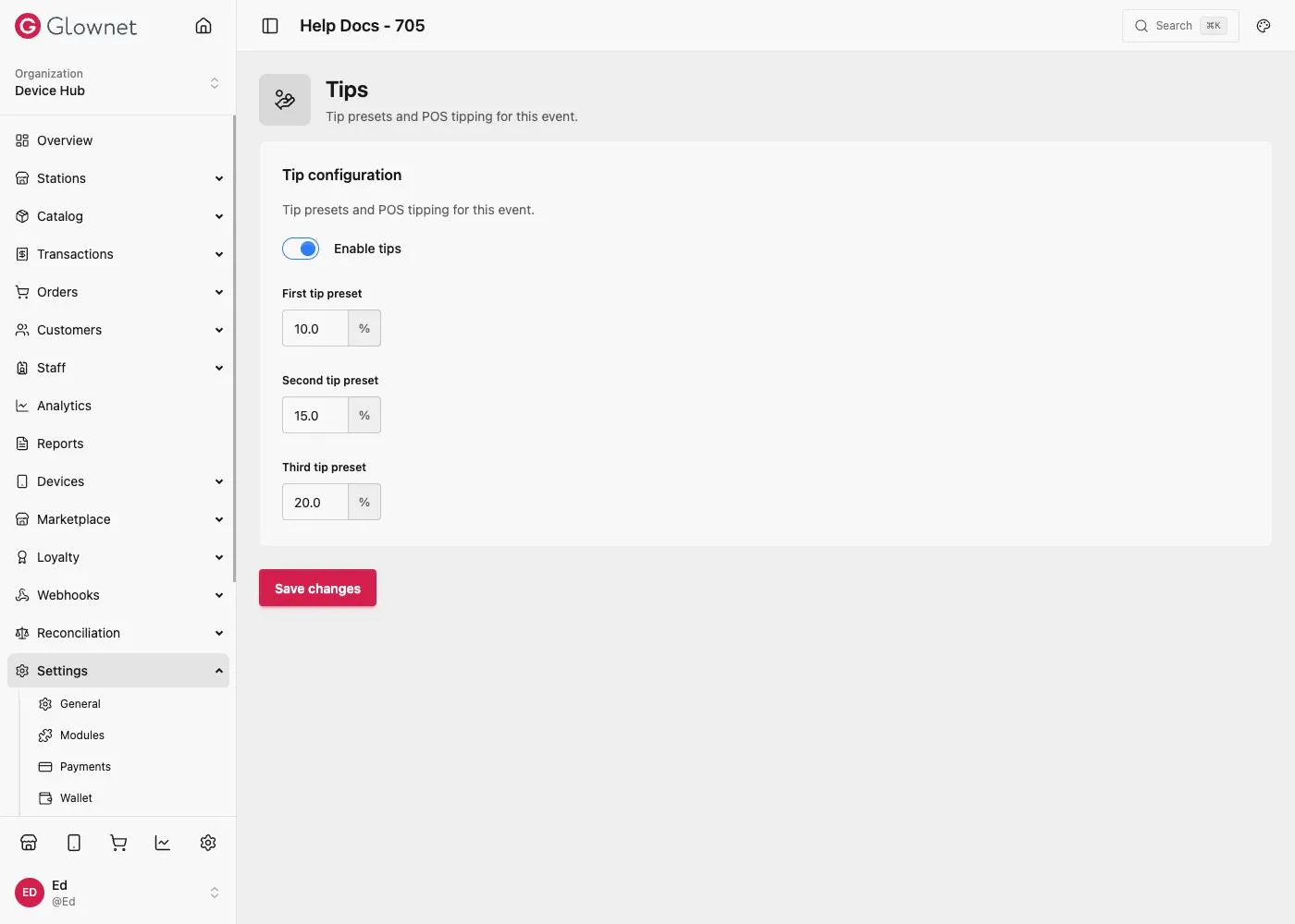Tip configuration with Enable tips toggle and three tip presets