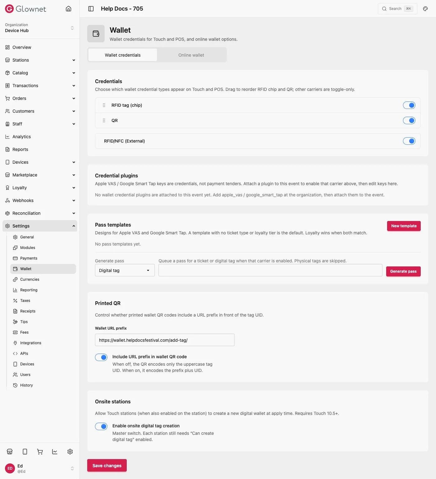 Wallet page with Credentials, Credential plugins, Printed QR, Online wallet, and Onsite stations cards