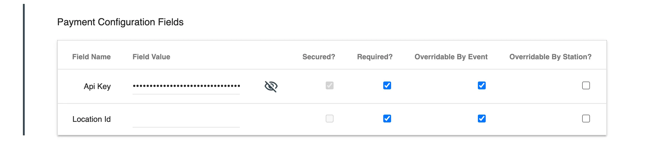 Payment Configuration Fields
