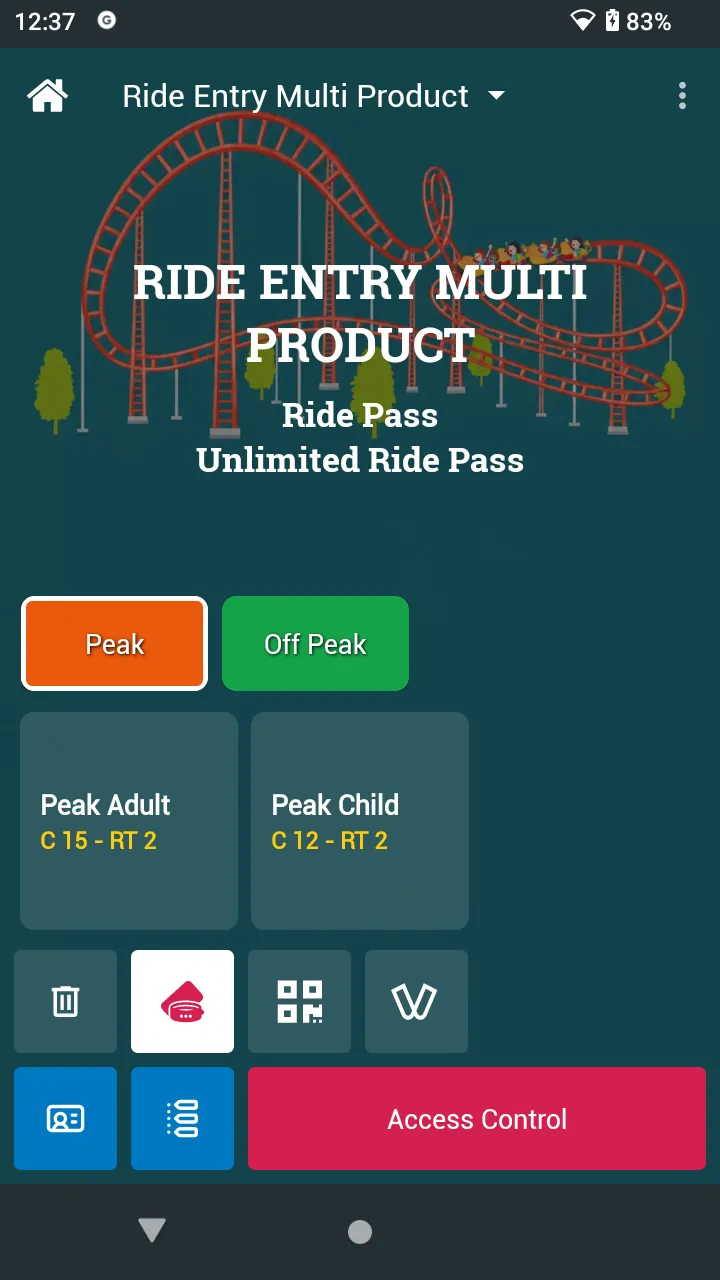 Ride Entry Multi Product: station name, Ride Pass and Unlimited Ride Pass, Peak and Off Peak category buttons, Peak Adult C 15 - RT 2 and Peak Child C 12 - RT 2 tiles, bin, payment tiles, Touchpoint, History, and Access Control