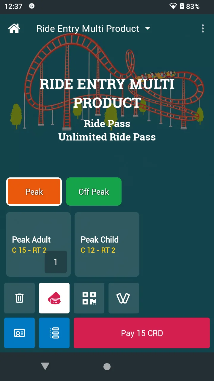 Peak Adult selected with quantity 1 and the button Pay 15 CRD