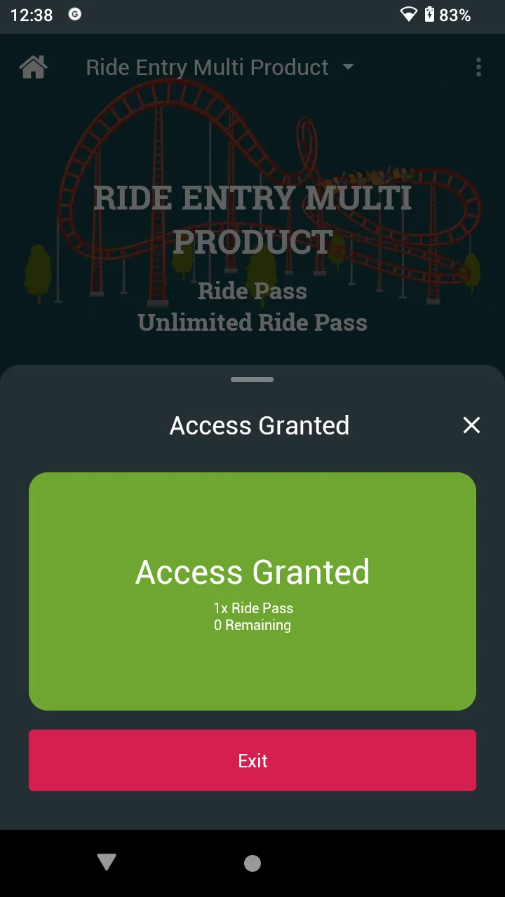 Access Granted: 1x Ride Pass, 0 Remaining, with Exit