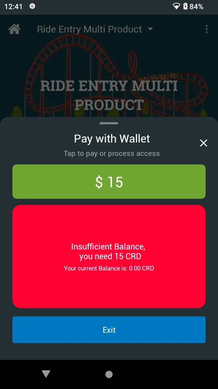 Pay with Wallet: Insufficient Balance, you need 15 CRD, Your current Balance is 0.00 CRD, with Exit