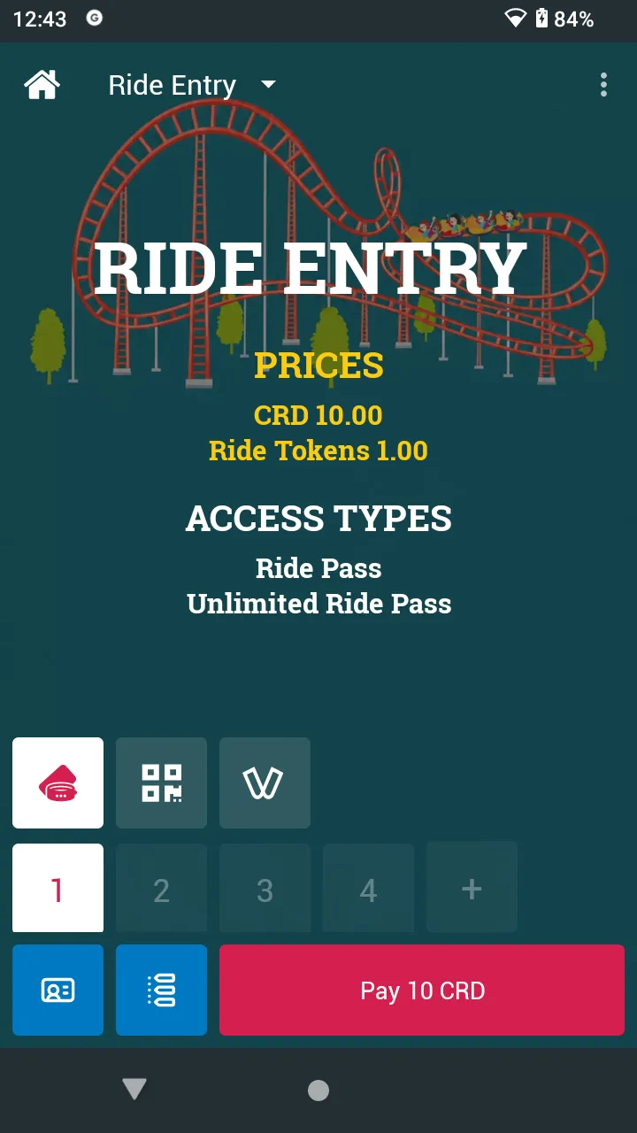 Ride Entry: PRICES CRD 10.00 and Ride Tokens 1.00, ACCESS TYPES Ride Pass and Unlimited Ride Pass, payment tiles, quantity buttons 1 to 4 and +, Touchpoint, History, and Pay 10 CRD