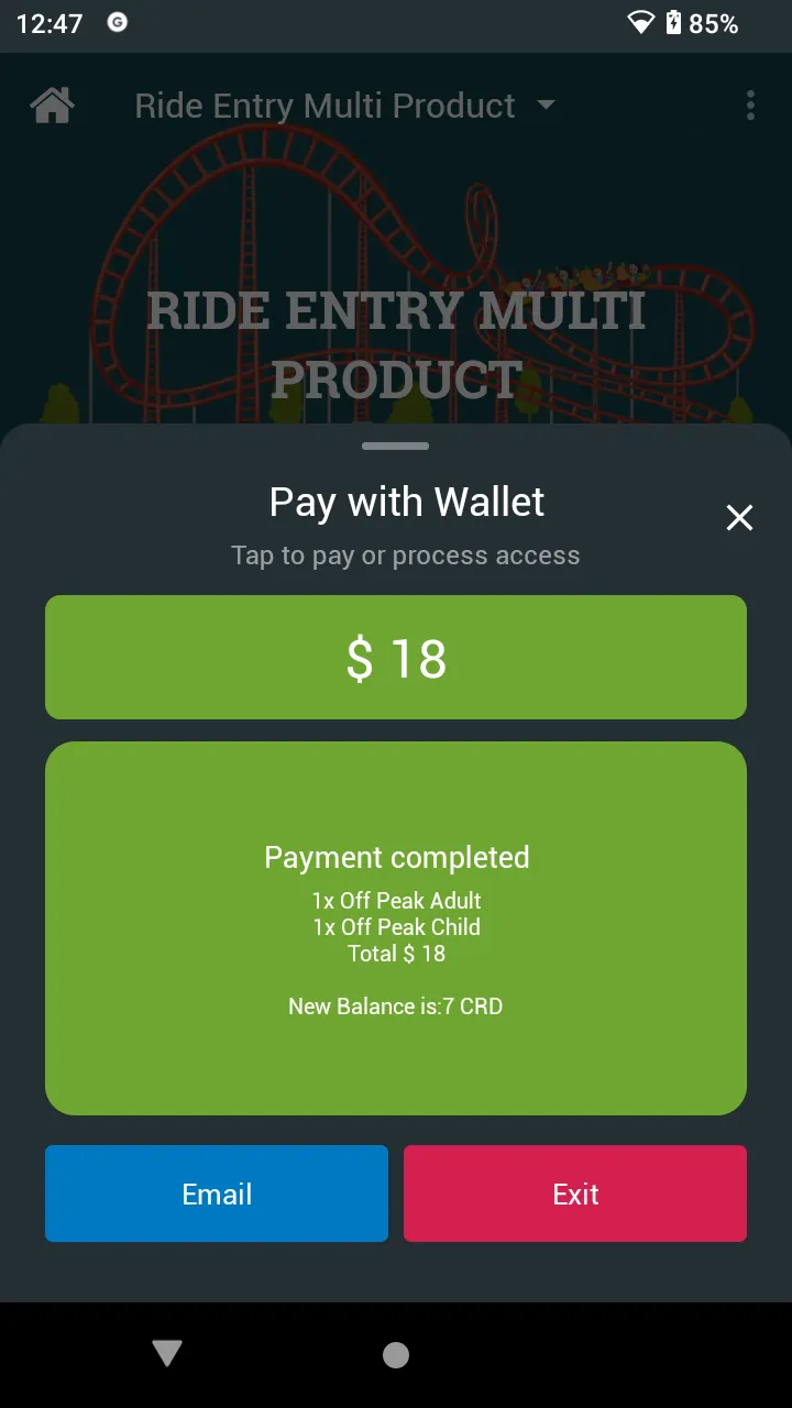 Payment completed: 1x Off Peak Adult, 1x Off Peak Child, Total $ 18, New Balance is 7 CRD, with Email and Exit