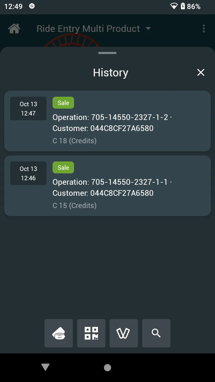 History: two Sales with operation numbers, the customer tag, and C 18 and C 15 in credits