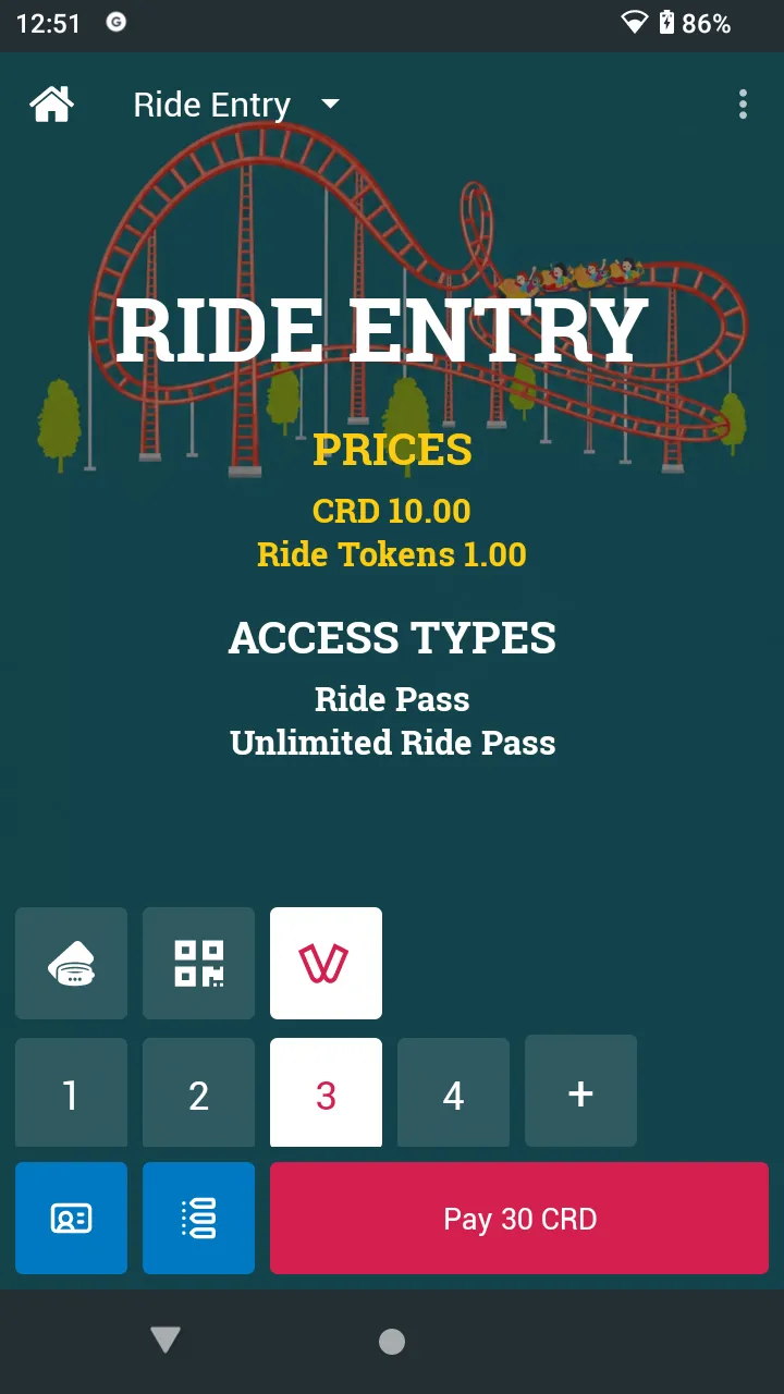 Ride Entry with the credit card payment tile selected, quantity 3 selected, and Pay 30 CRD