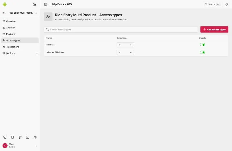 Access types: Ride Pass and Unlimited Ride Pass, both with Direction In and Visible on