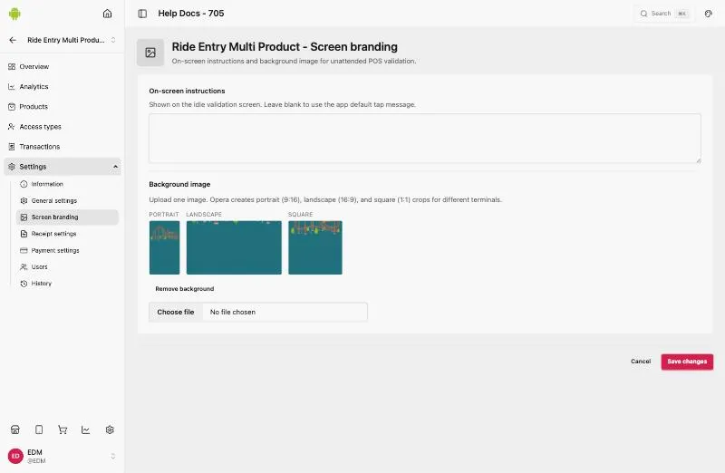 Screen branding: On-screen instructions box, Background image with portrait, landscape and square previews, Remove background, Choose file, and Save changes