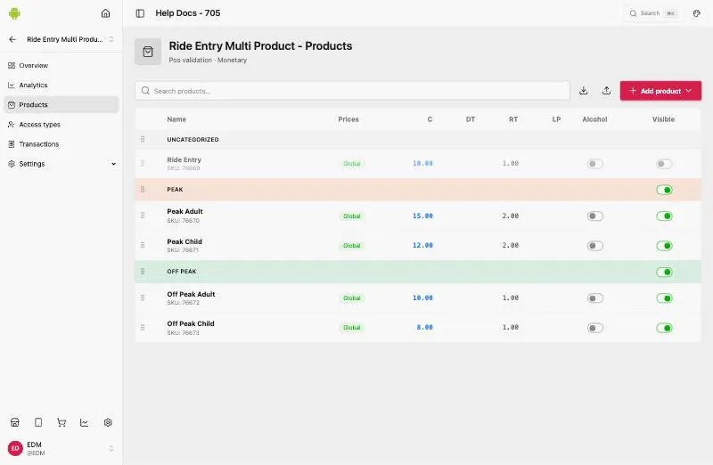 Ride Entry Multi Product Products: a hidden Ride Entry product, and Peak (Peak Adult C 15 / RT 2, Peak Child C 12 / RT 2) and Off Peak (Off Peak Adult C 10 / RT 1, Off Peak Child C 8 / RT 1) categories
