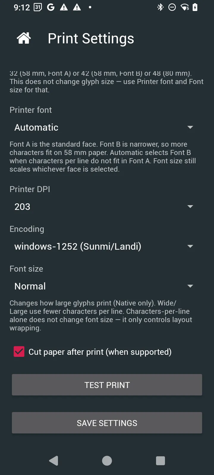 Print Settings, scrolled: Printer font Automatic, Printer DPI 203, Encoding windows-1252 (Sunmi/Landi), Font size Normal