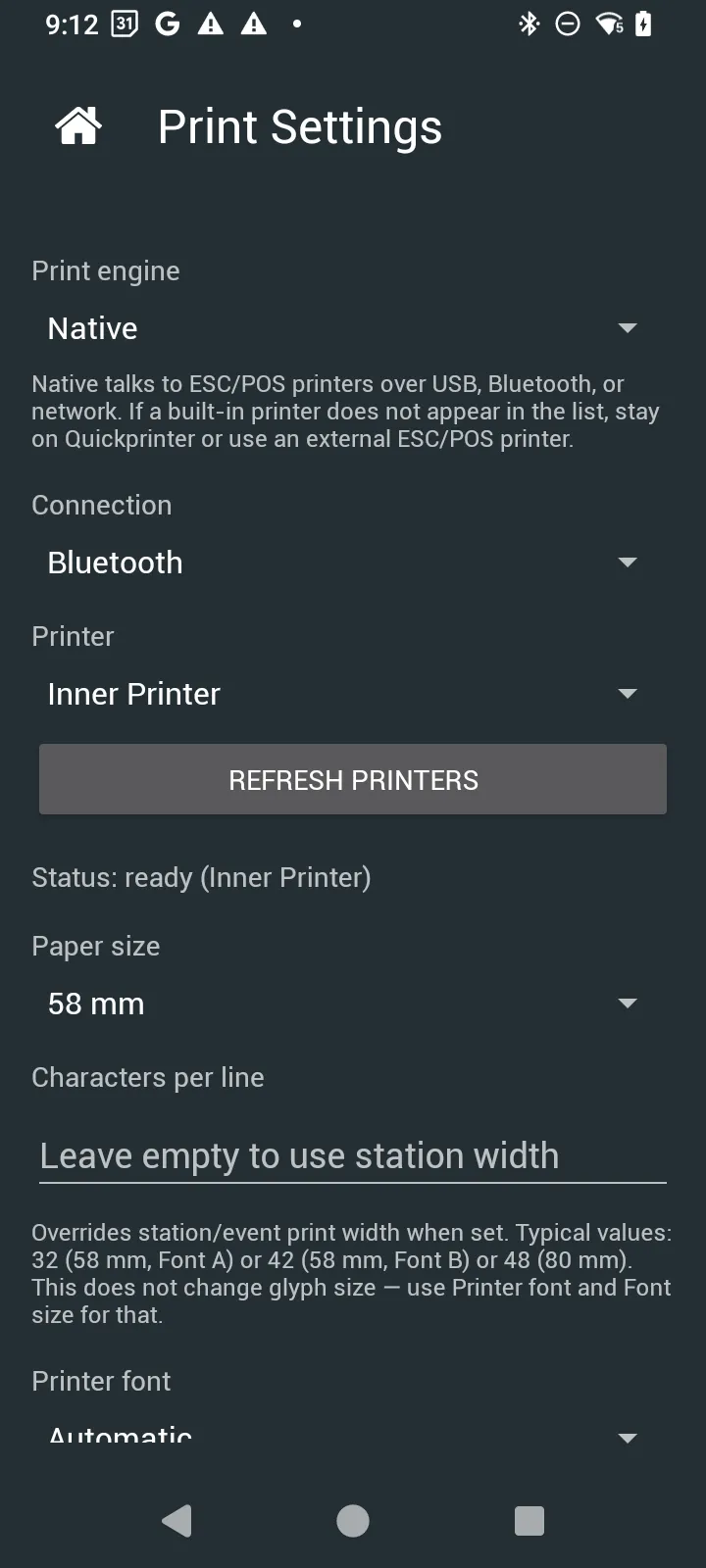 Print Settings: Print engine Native, Connection Bluetooth, Printer Inner Printer, Status ready (Inner Printer), Paper size 58 mm