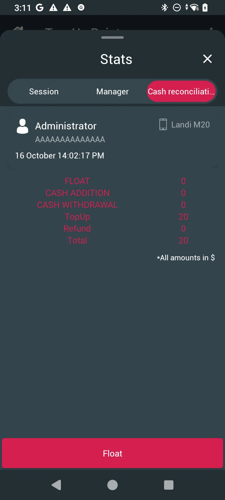 Cash reconciliation at a Top-Up Point: FLOAT 0, CASH ADDITION 0, CASH WITHDRAWAL 0, TopUp 20, Refund 0, Total 20, All amounts in $, and the Float button