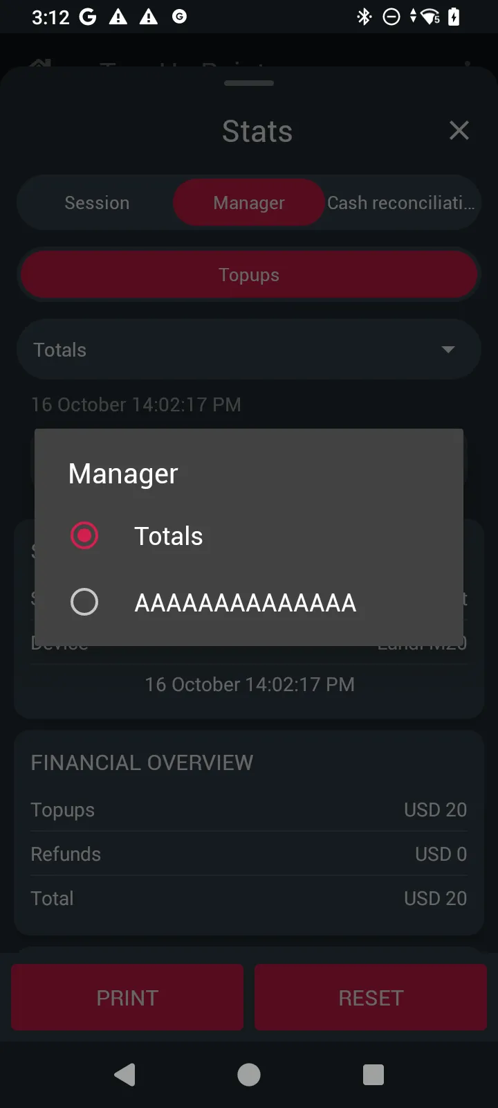 Manager list with Totals and one operator tag