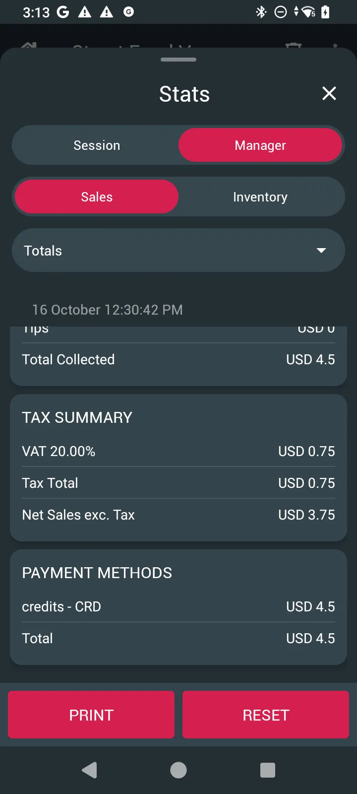 Manager Sales report, scrolled: Tips, Total Collected, TAX SUMMARY VAT 20.00% USD 0.75, Tax Total, Net Sales exc. Tax USD 3.75, and PAYMENT METHODS