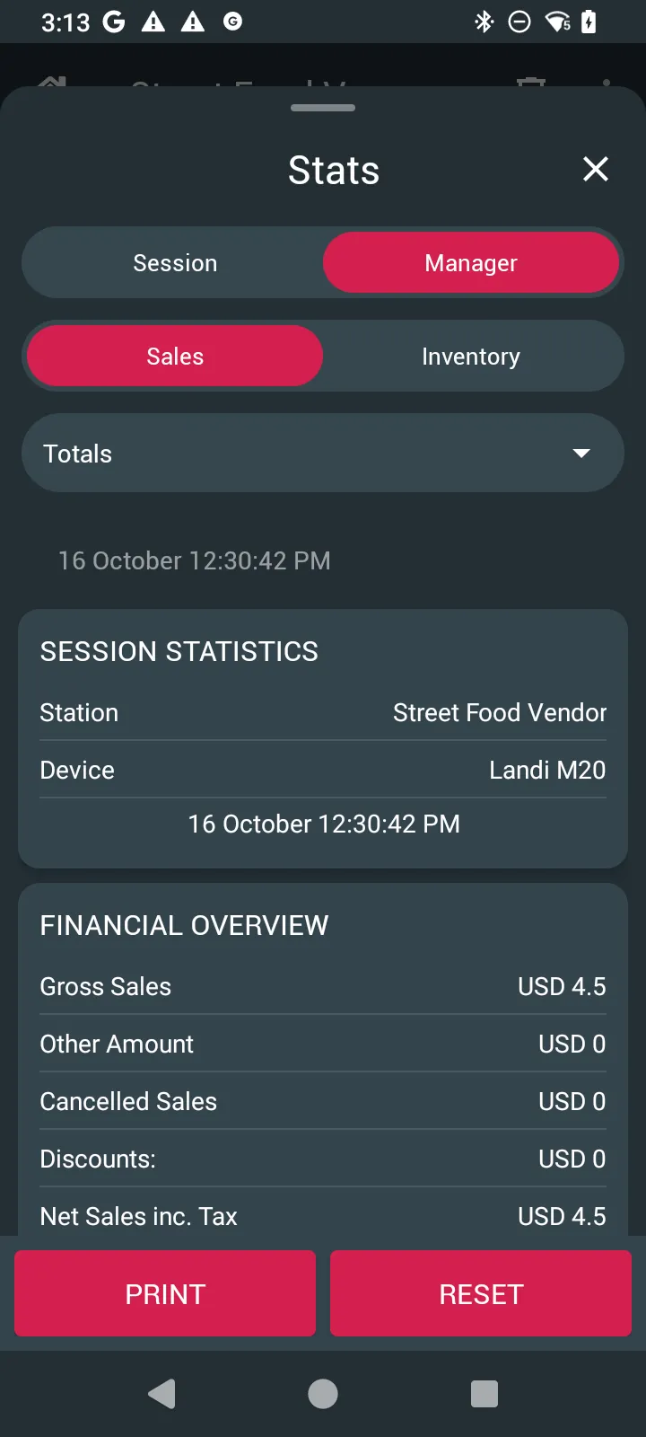 Stats, Manager tab at Street Food Vendor: Sales and Inventory, the Totals list, SESSION STATISTICS, and FINANCIAL OVERVIEW with Gross Sales USD 4.5, and PRINT and RESET