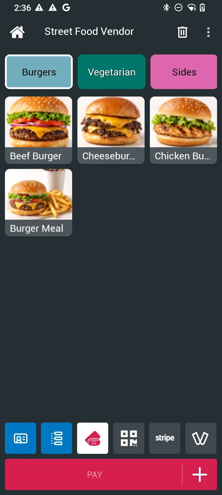 POS screen with the payment tiles above PAY