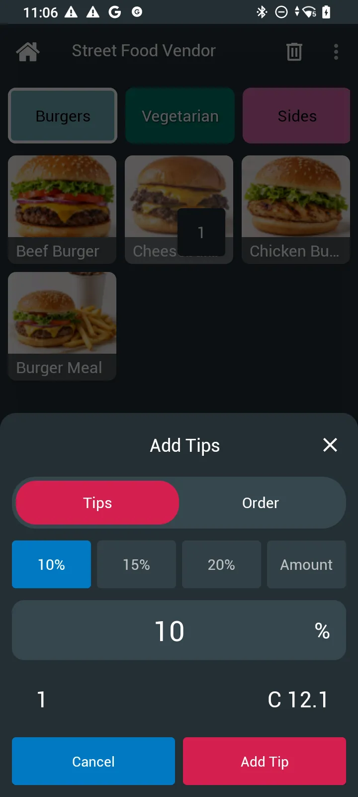 Add Tips with 10%, 15% and 20% presets, a custom tip amount, Cancel and No tip