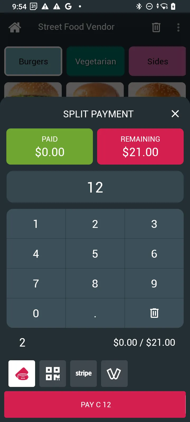 Split payment with paid and remaining amounts, the keypad and PAY for this part