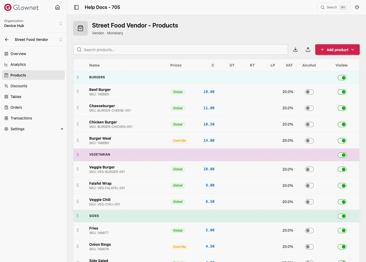 Station Products tab with Name, Prices per currency, VAT, Alcohol, and Visible columns